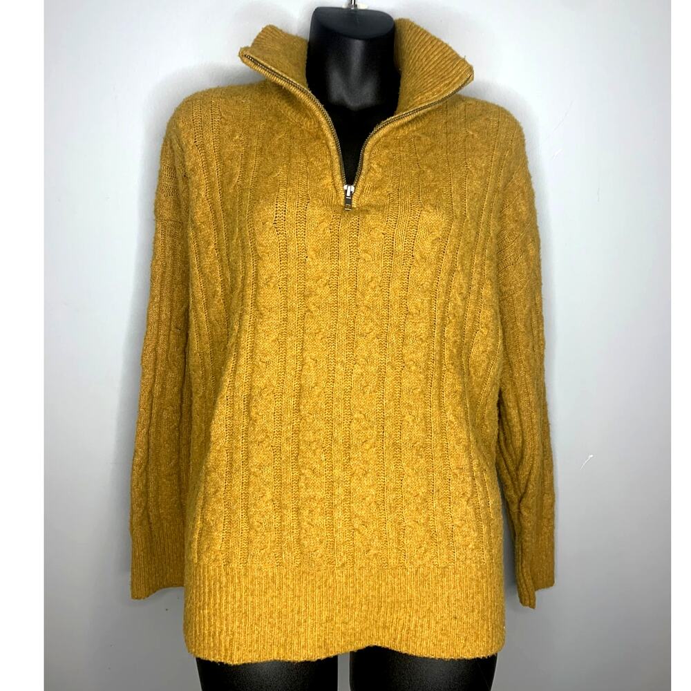 Olive + Oak Women's Large Mock Neck 3/4 Zip Cable knit Mustard Sweater